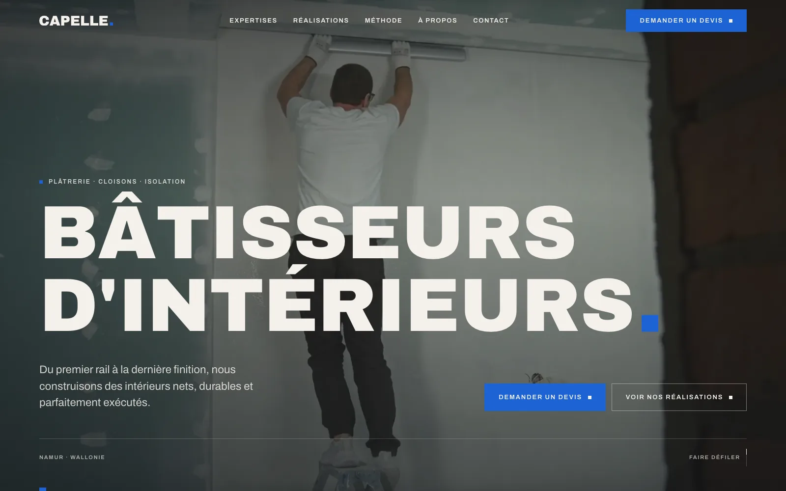 Page d’accueil du site Capelle, entreprise de plâtrerie