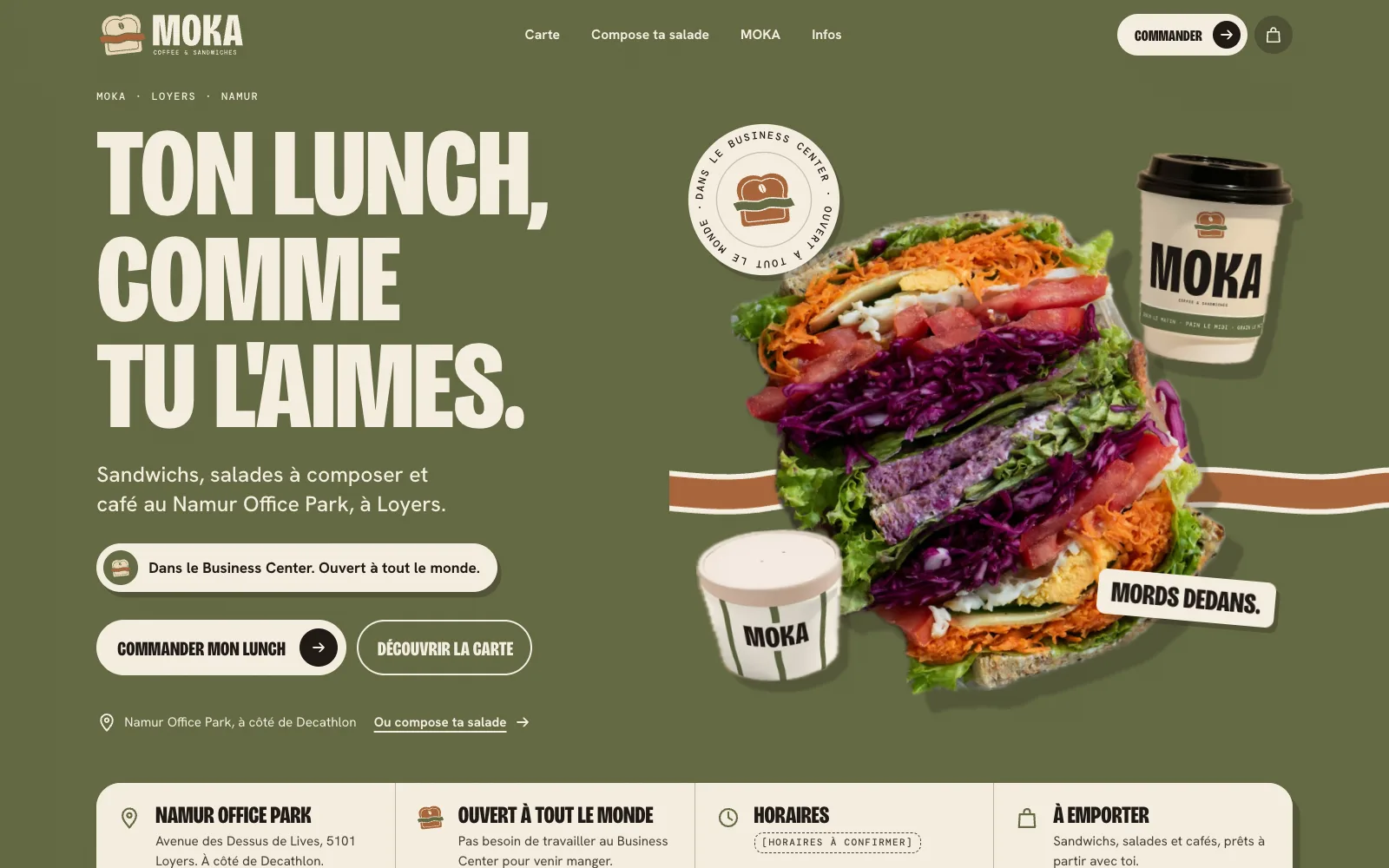 Page d’accueil du site MOKA, sandwicherie et café