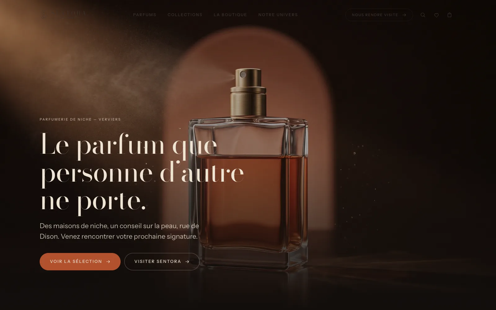 Page d’accueil du site Sentora Parfumerie, parfumerie de niche